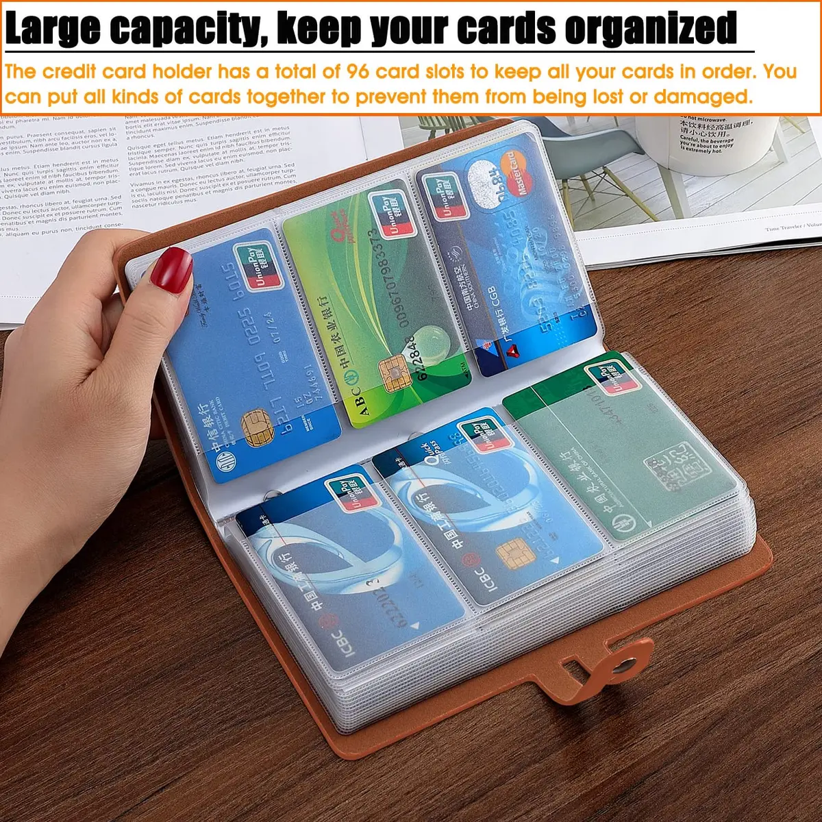 Angimi Leather Business Card Organizer 96 Cards | RFID Blocking, Durable PU Leather, Brown - view 3