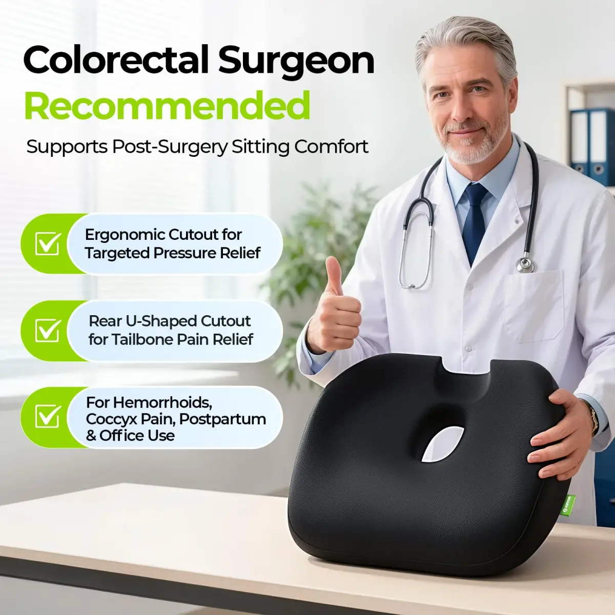 AUVON Donut Seat Cushion for Tailbone Pain 43.7cm (17.2"L x 16.2"W x 3.1"H) | Orthopedic Pain Relief for Hemorrhoids, Sciatica, Postpartum - view 8