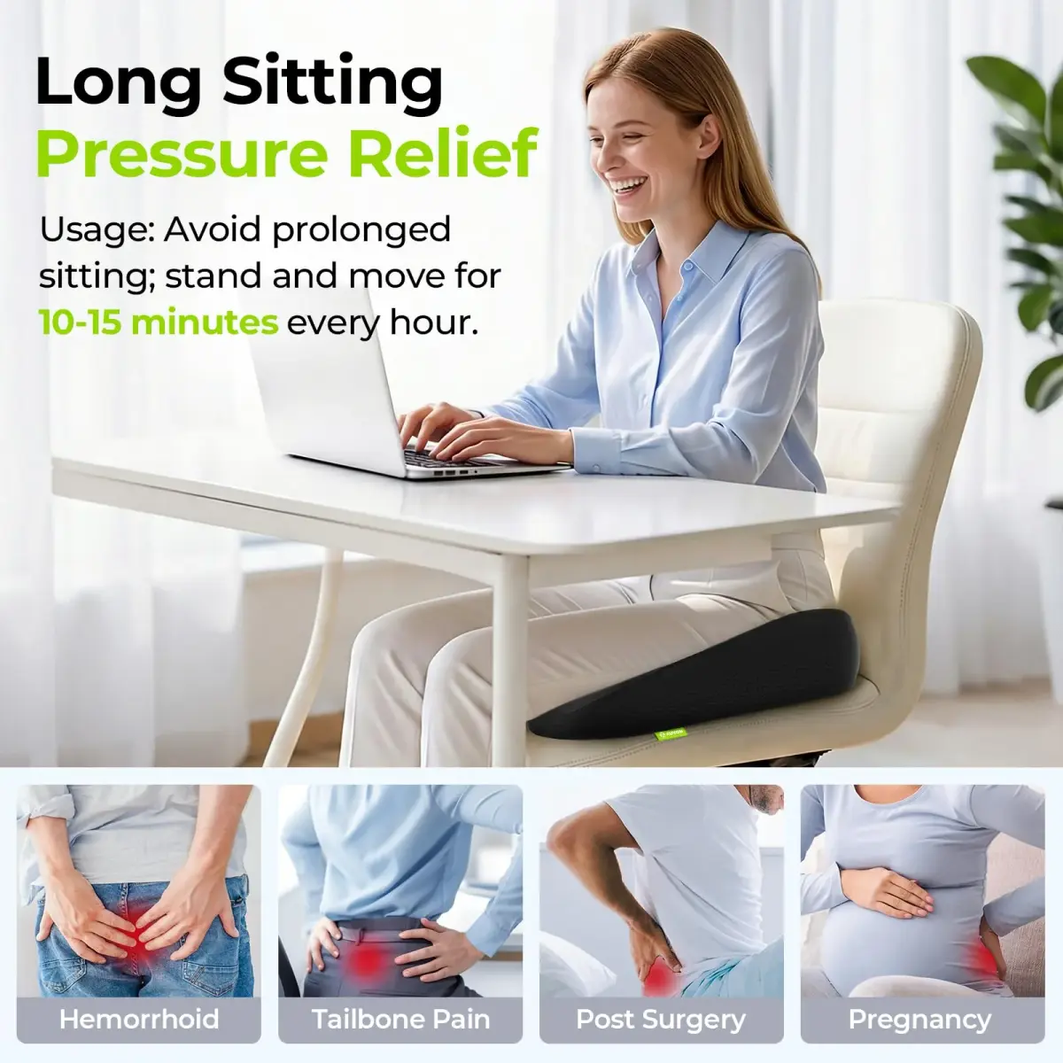 AUVON Donut Seat Cushion for Tailbone Pain 43.7cm (17.2"L x 16.2"W x 3.1"H) | Orthopedic Pain Relief for Hemorrhoids, Sciatica, Postpartum - view 2