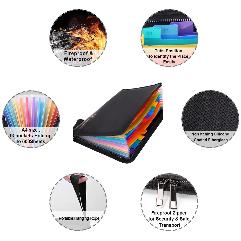 HSP-HSWITI Fireproof Document Bag Fire & Water Resistant File Folder A4 12 Pockets | Waterproof Safe Document Holder - view 4
