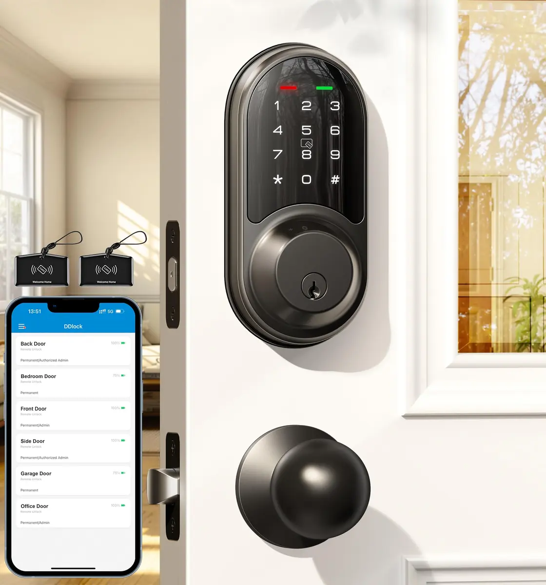 Veise RZ06C Smart Lock Electronic Deadbolt 2 Knobs Handle Set, Matte Black | Keyless Entry & App Control - main product image