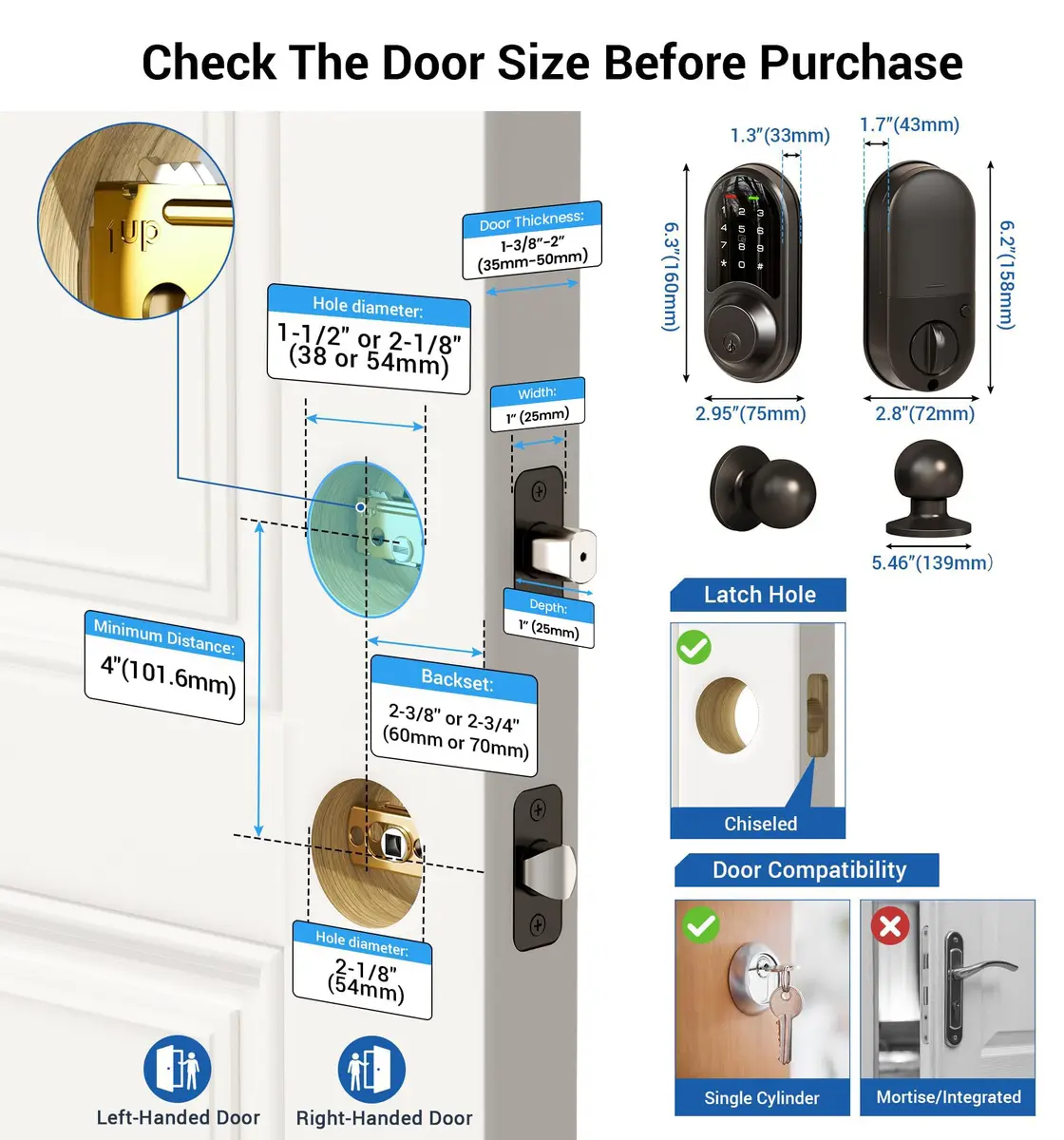 Veise RZ06C Smart Lock Electronic Deadbolt 2 Knobs Handle Set, Matte Black | Keyless Entry & App Control - view 6