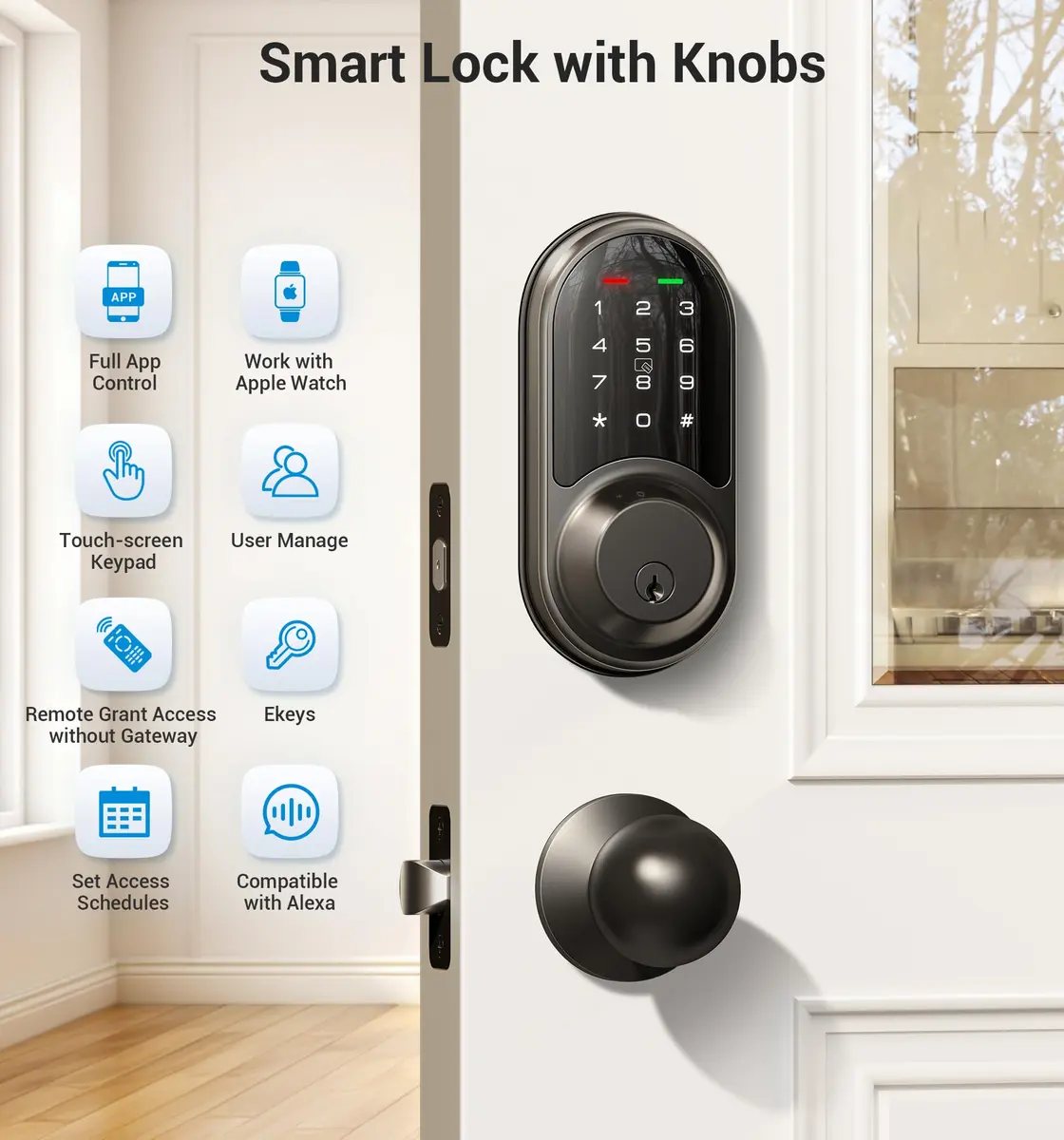 Veise RZ06C Smart Lock Electronic Deadbolt 2 Knobs Handle Set, Matte Black | Keyless Entry & App Control - view 3