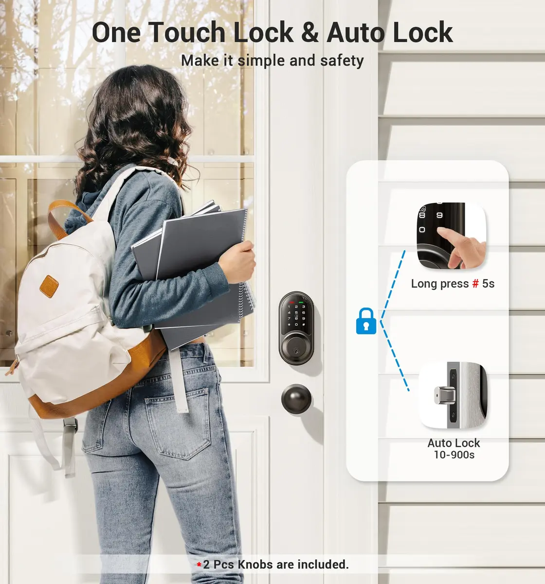 Veise RZ06C Smart Lock Electronic Deadbolt 2 Knobs Handle Set, Matte Black | Keyless Entry & App Control - view 4