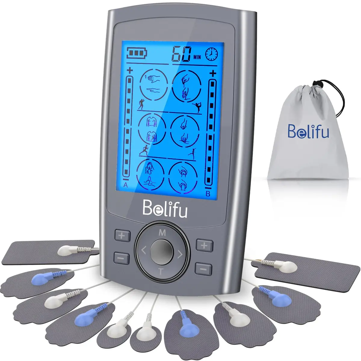 Belifu Dual Channel TENS EMS Unit 24 Modes Muscle Stimulator with 10 Pads | Pain Relief Therapy - main product image