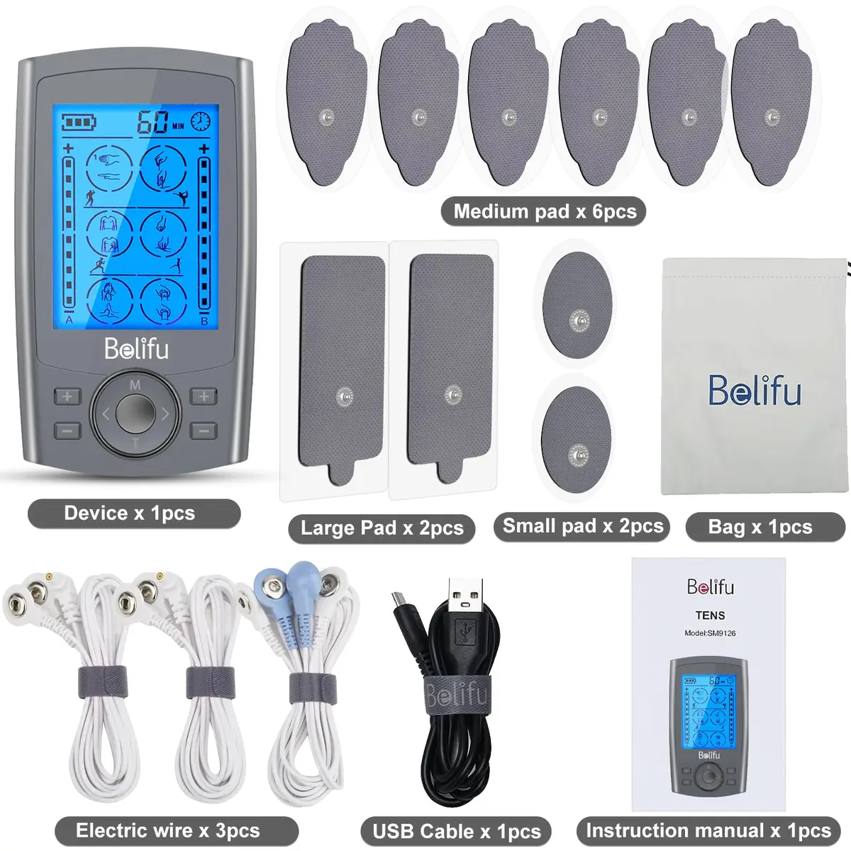 Belifu Dual Channel TENS EMS Unit 24 Modes Muscle Stimulator with 10 Pads | Pain Relief Therapy - view 7