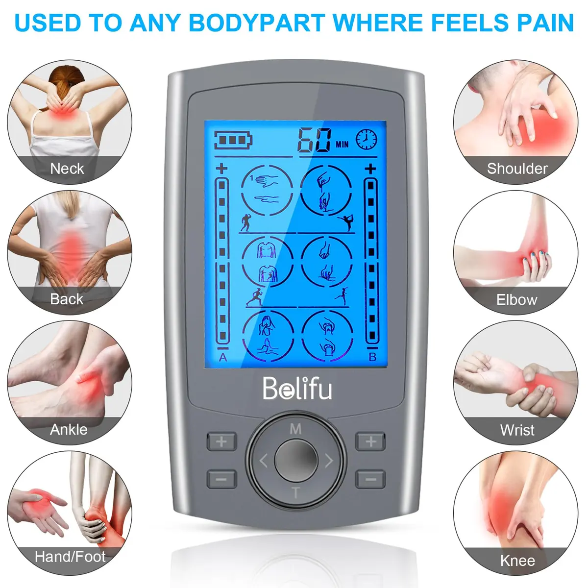 Belifu Dual Channel TENS EMS Unit 24 Modes Muscle Stimulator with 10 Pads | Pain Relief Therapy - view 2
