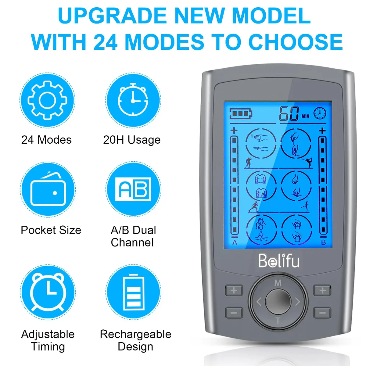 Belifu Dual Channel TENS EMS Unit 24 Modes Muscle Stimulator with 10 Pads | Pain Relief Therapy - view 3