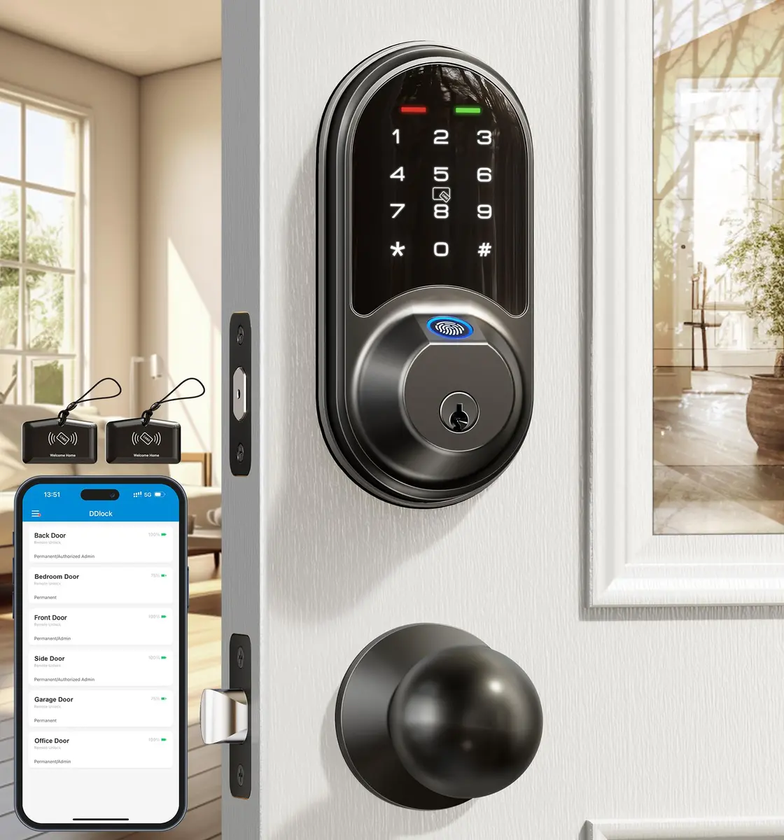 Veise RZ07C Fingerprint Smart Lock Deadbolt 2 Knobs Set, Matte Black | Keyless Biometric Home Security - main product image