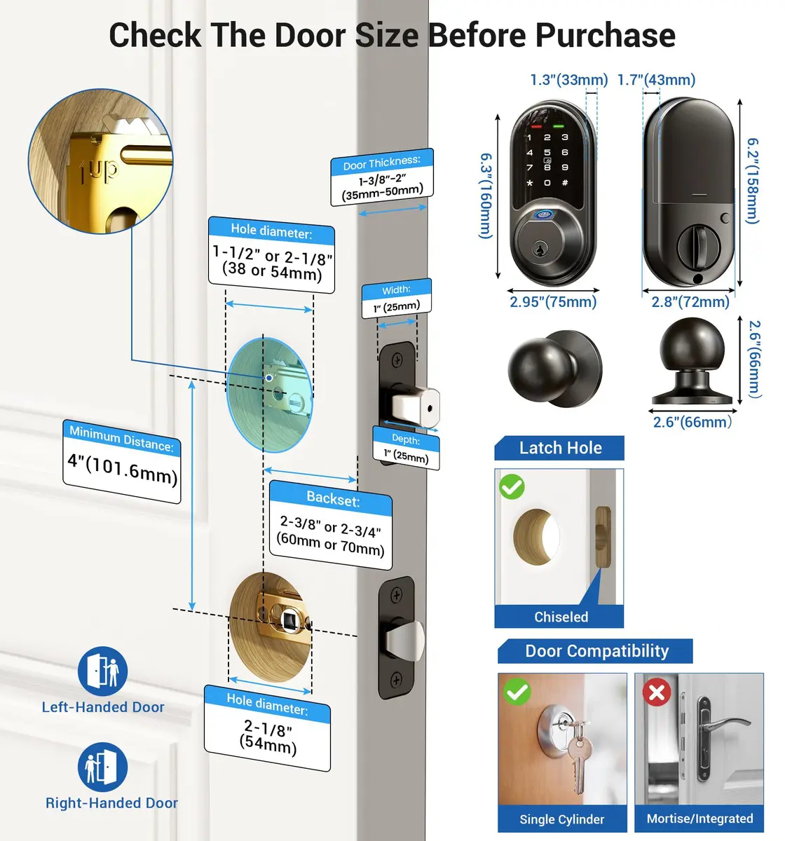 Veise RZ07C Fingerprint Smart Lock Deadbolt 2 Knobs Set, Matte Black | Keyless Biometric Home Security - view 6