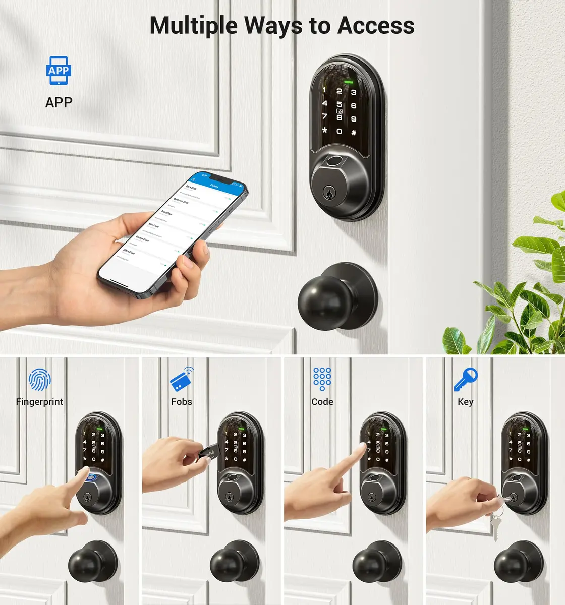 Veise RZ07C Fingerprint Smart Lock Deadbolt 2 Knobs Set, Matte Black | Keyless Biometric Home Security - view 2