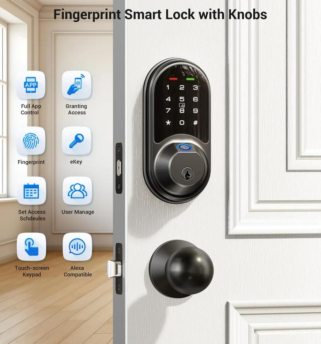 Veise RZ07C Fingerprint Smart Lock Deadbolt 2 Knobs Set, Matte Black | Keyless Biometric Home Security - view 4