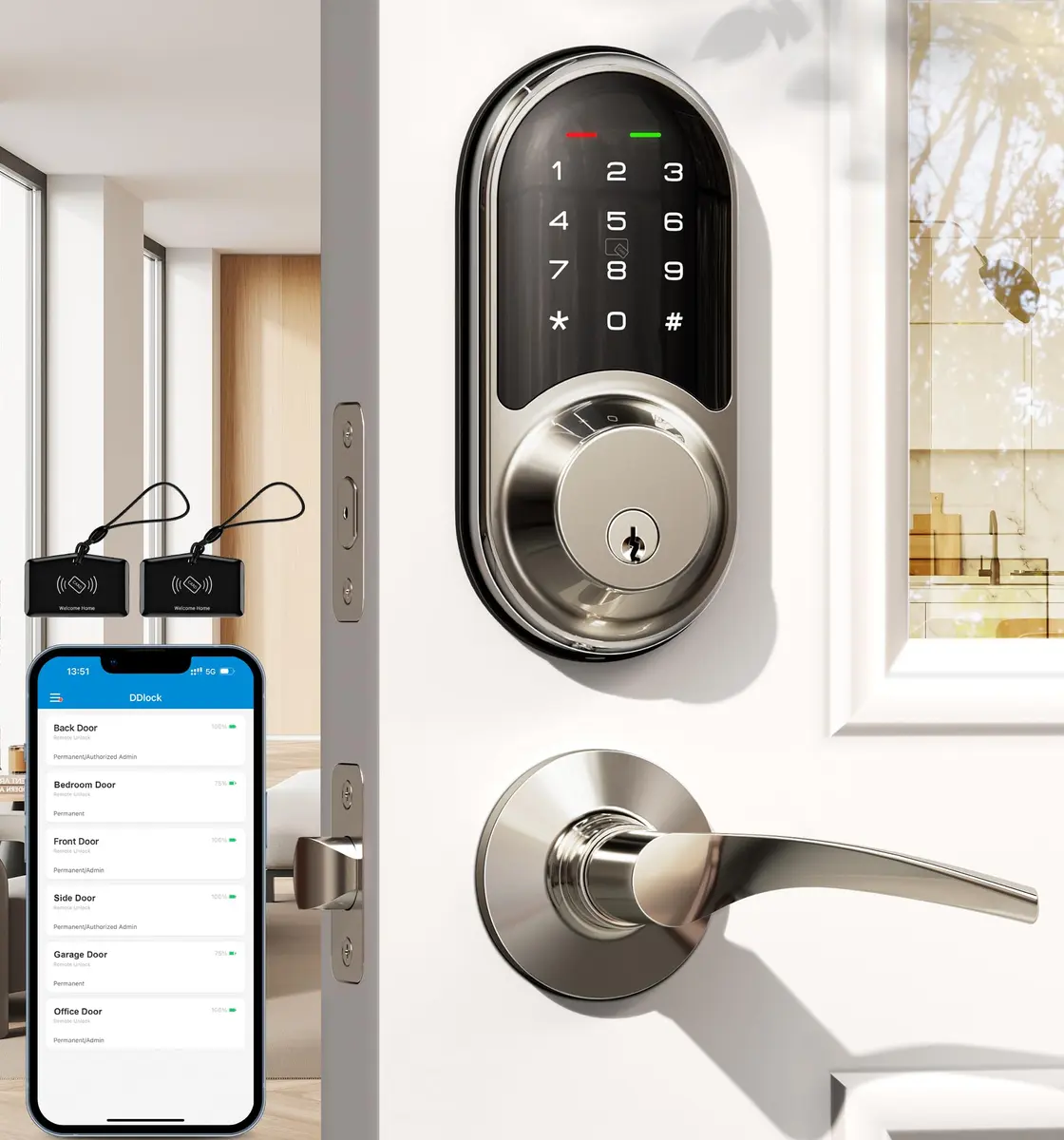 Veise RZ06B Smart Lock with Lever Handle Set, Satin Nickel, 1.99 kg (4.39 lb) | App Control & eKeys for Secure Entry - main product image