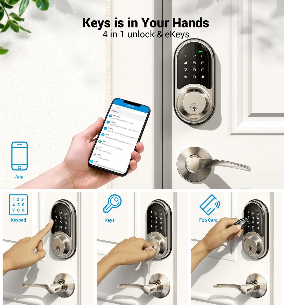 Veise RZ06B Smart Lock with Lever Handle Set, Satin Nickel, 1.99 kg (4.39 lb) | App Control & eKeys for Secure Entry - view 2