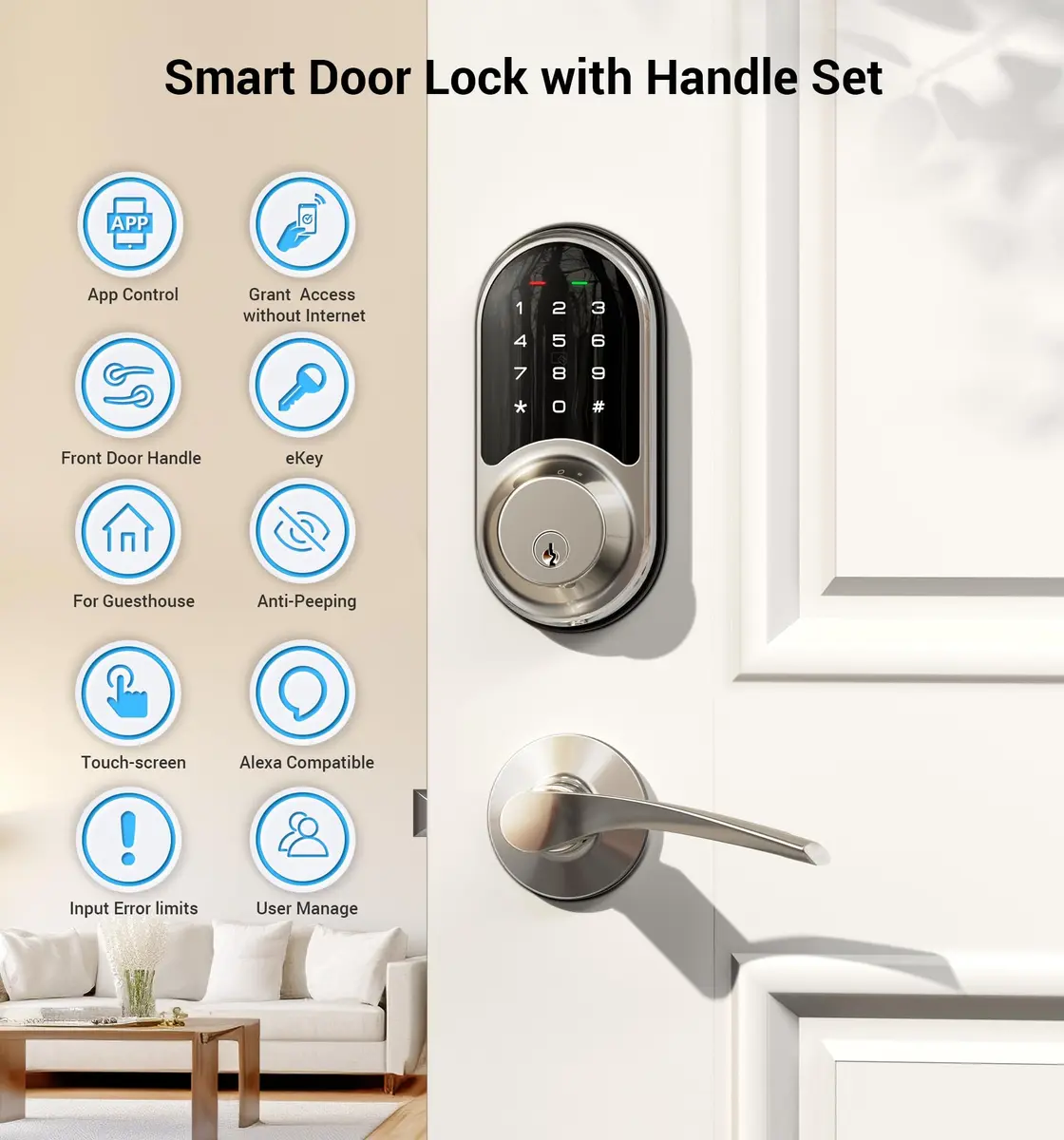 Veise RZ06B Smart Lock with Lever Handle Set, Satin Nickel, 1.99 kg (4.39 lb) | App Control & eKeys for Secure Entry - view 4