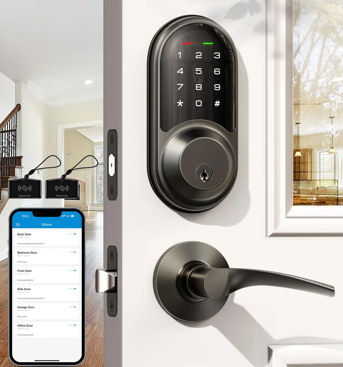 Veise RZ06B Smart Lock with Lever Handle Set, Matte Black | App Control & eKeys, 250+ Passwords, Auto-Lock, BHMA Certified - main product image