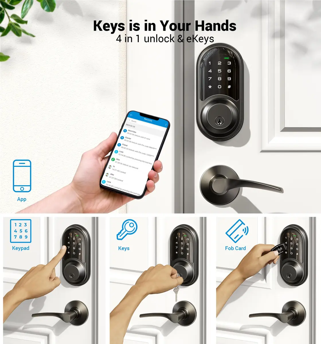 Veise RZ06B Smart Lock with Lever Handle Set, Matte Black | App Control & eKeys, 250+ Passwords, Auto-Lock, BHMA Certified - view 2