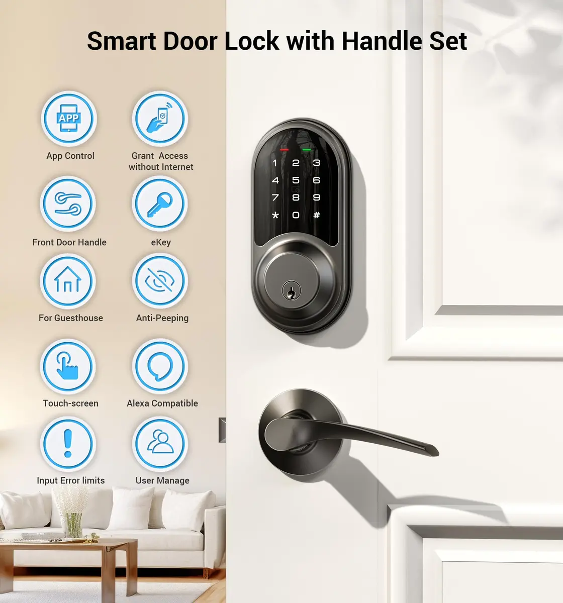Veise RZ06B Smart Lock with Lever Handle Set, Matte Black | App Control & eKeys, 250+ Passwords, Auto-Lock, BHMA Certified - view 4