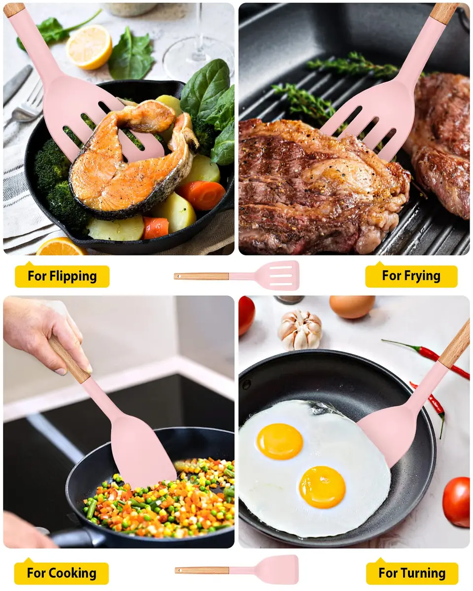 BUNDLEPRO Silicone Spatula Set with Slotted Turner & Wooden Handle | 2 Pack Pink - view 4