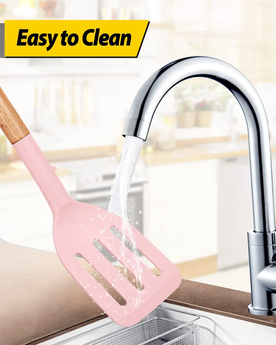 BUNDLEPRO Silicone Spatula Set with Slotted Turner & Wooden Handle | 2 Pack Pink - view 5