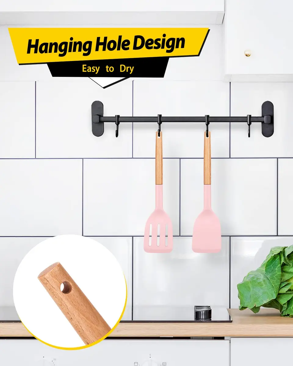 BUNDLEPRO Silicone Spatula Set with Slotted Turner & Wooden Handle | 2 Pack Pink - view 6