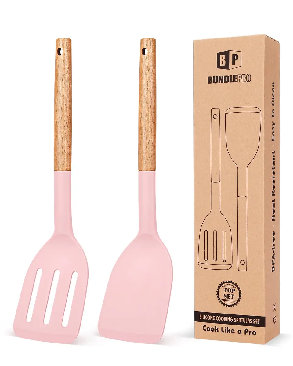 BUNDLEPRO Silicone Spatula Set with Slotted Turner & Wooden Handle | 2 Pack Pink - main product image