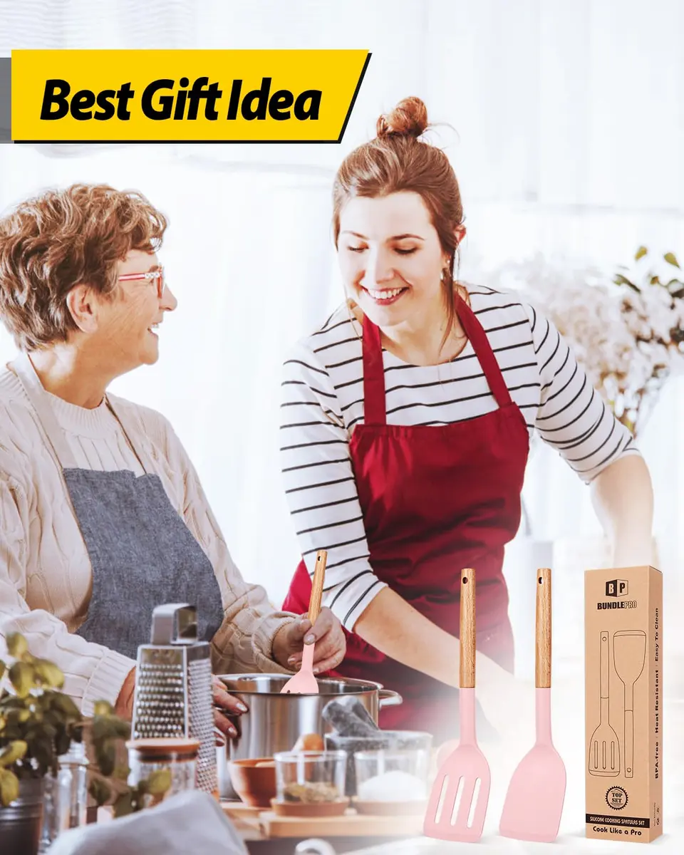 BUNDLEPRO Silicone Spatula Set with Slotted Turner & Wooden Handle | 2 Pack Pink - view 8