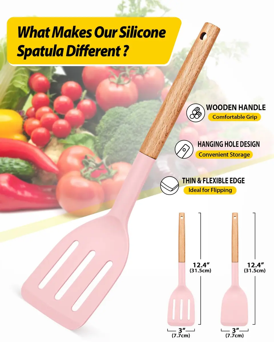 BUNDLEPRO Silicone Spatula Set with Slotted Turner & Wooden Handle | 2 Pack Pink - view 2