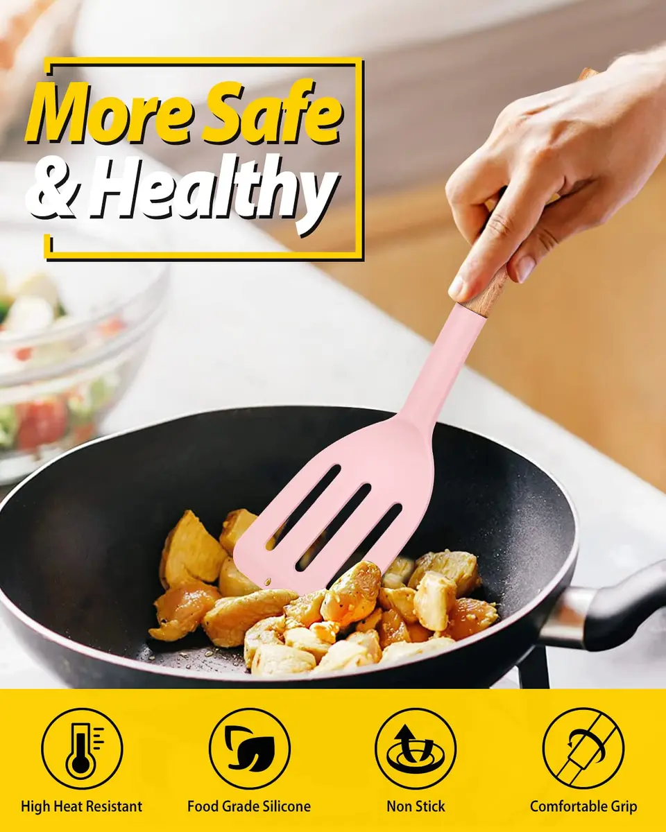 BUNDLEPRO Silicone Spatula Set with Slotted Turner & Wooden Handle | 2 Pack Pink - view 3