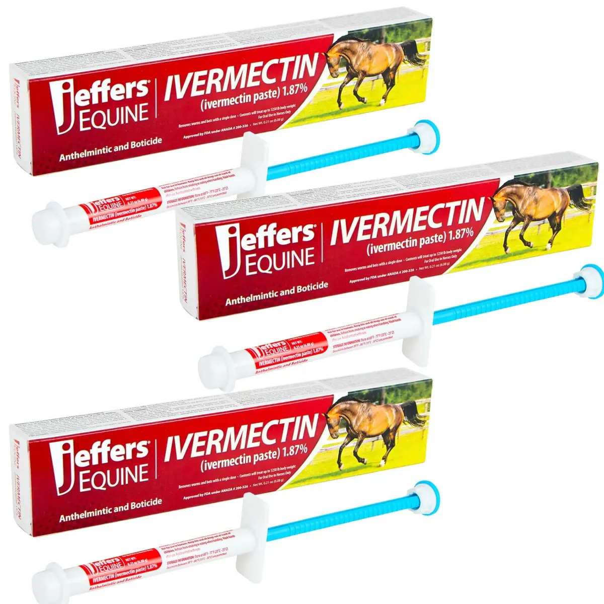 Jeffers Ivermectin Dewormer for Horses 3 Pack | Apple Flavored Broad Spectrum Paste - main product image