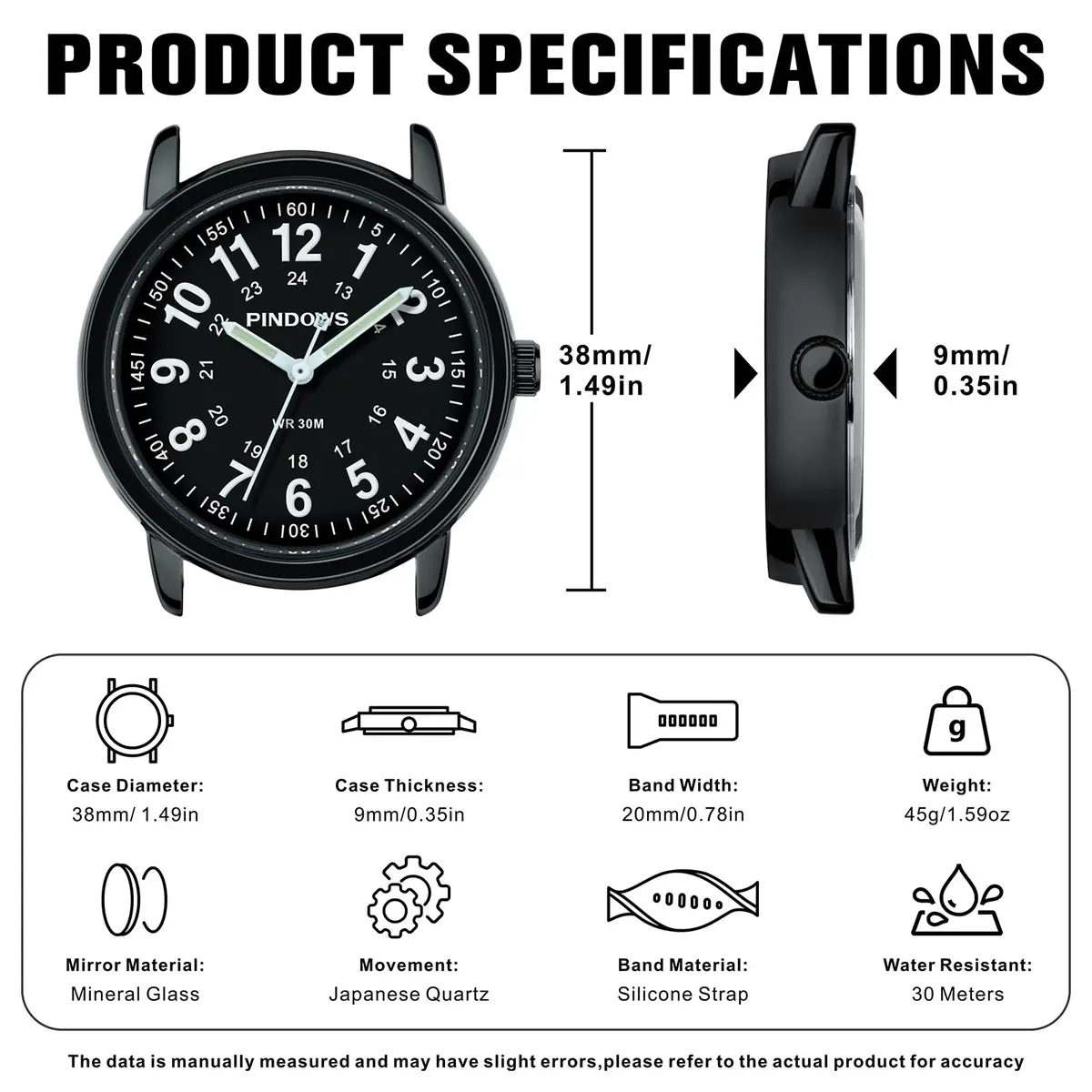 PINDOWS Women's Nurse Watch 34mm Green Silicone Band | Luminous Dial, 12/24 Hr Display - view 5