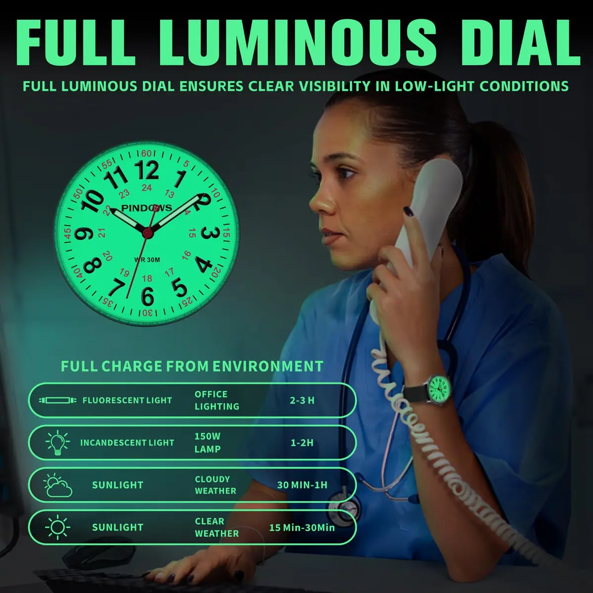 PINDOWS Women's Nurse Watch 34mm Green | Clear Dial & Luminous Glow for Night Shifts - view 4