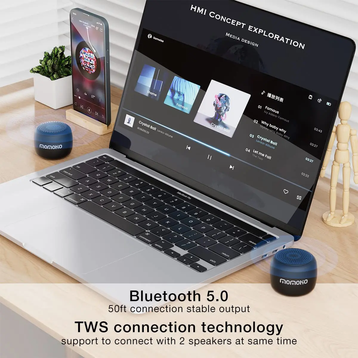 MOMOHO Mini Bluetooth Speaker Wireless Small Bluetooth Speaker with Built in Mic, TWS Portable for Travel Party Gift Outdoor Laptop (Black) - view 2