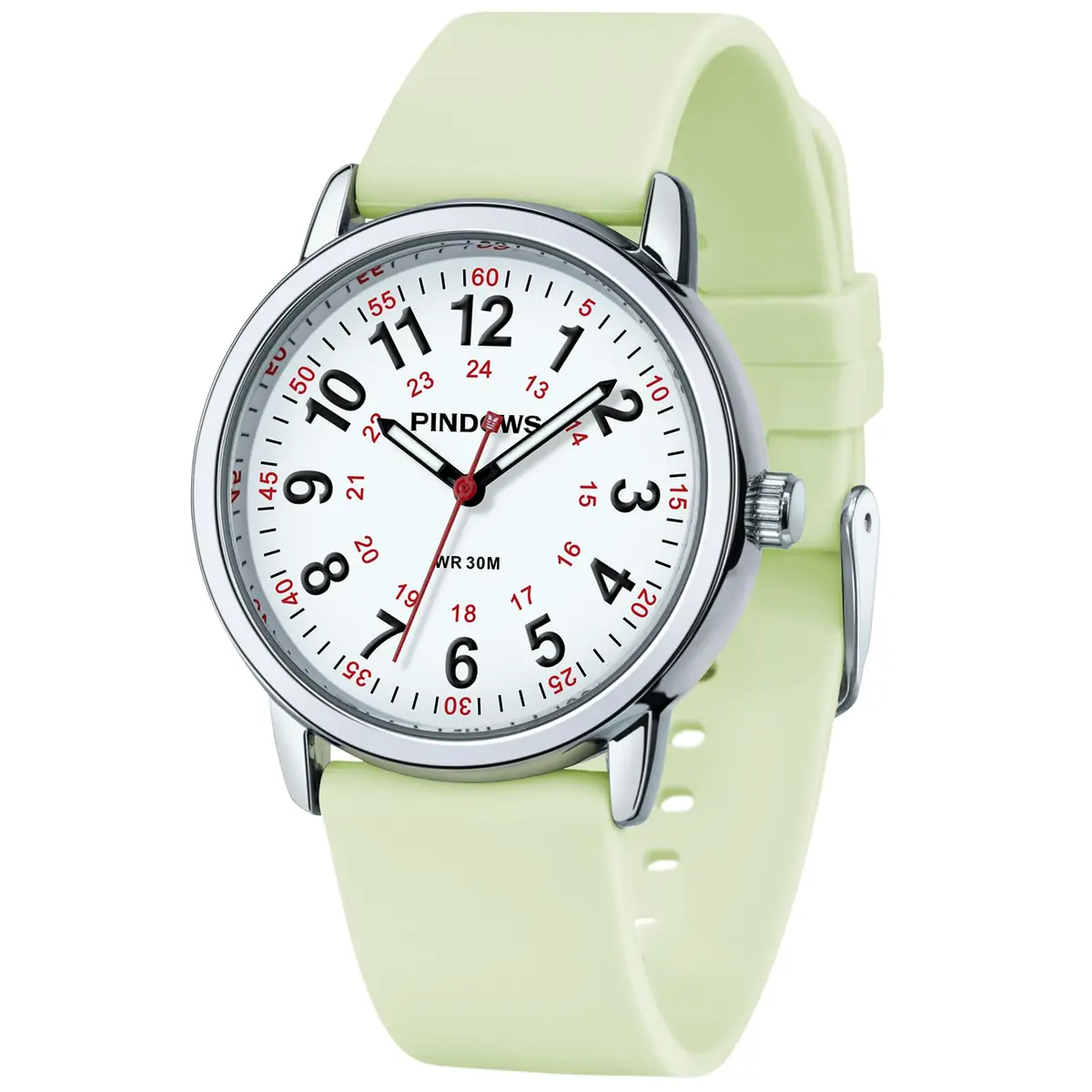 PINDOWS Women's Nurse Watch 34mm Green Silicone | Clear Dial & Luminous Face - main product image