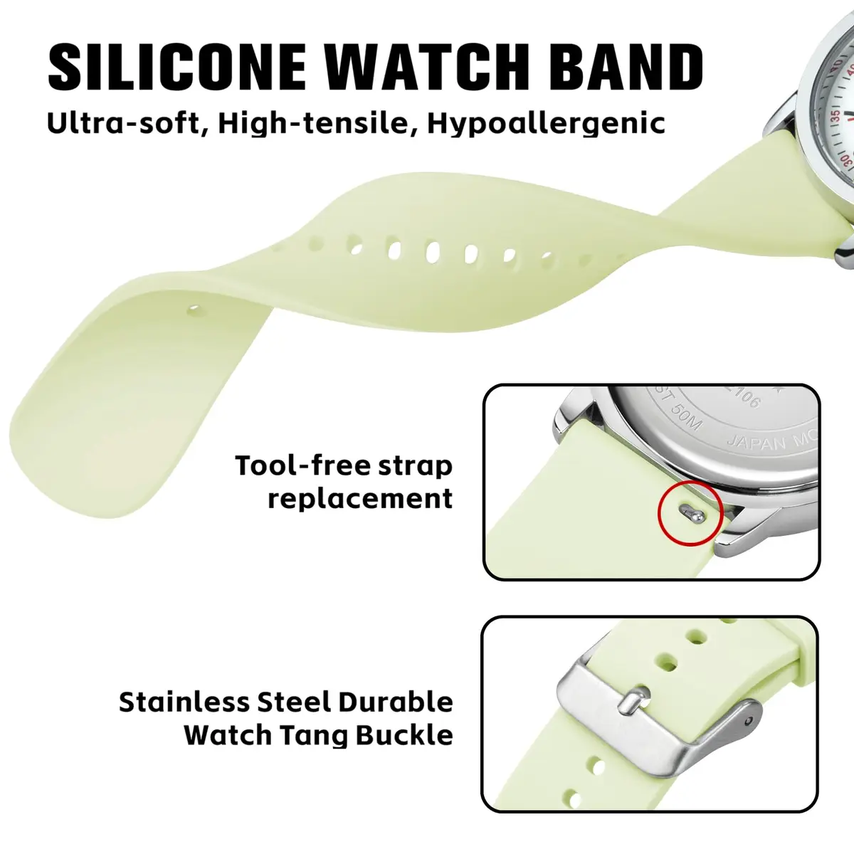 PINDOWS Women's Nurse Watch 34mm Green Silicone | Clear Dial & Luminous Face - view 6