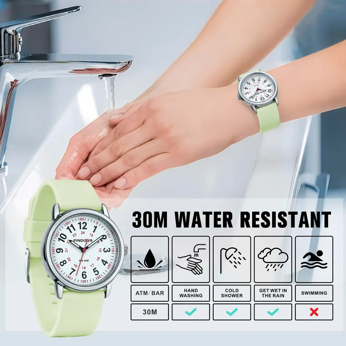 PINDOWS Women's Nurse Watch 34mm Green Silicone | Clear Dial & Luminous Face - view 3