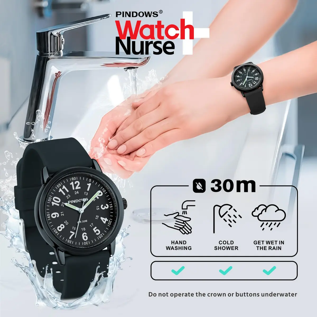 PINDOWS Women's Nurse Watch 34mm Green Silicone | Luminous Dial, 12/24 Hour Display - view 3