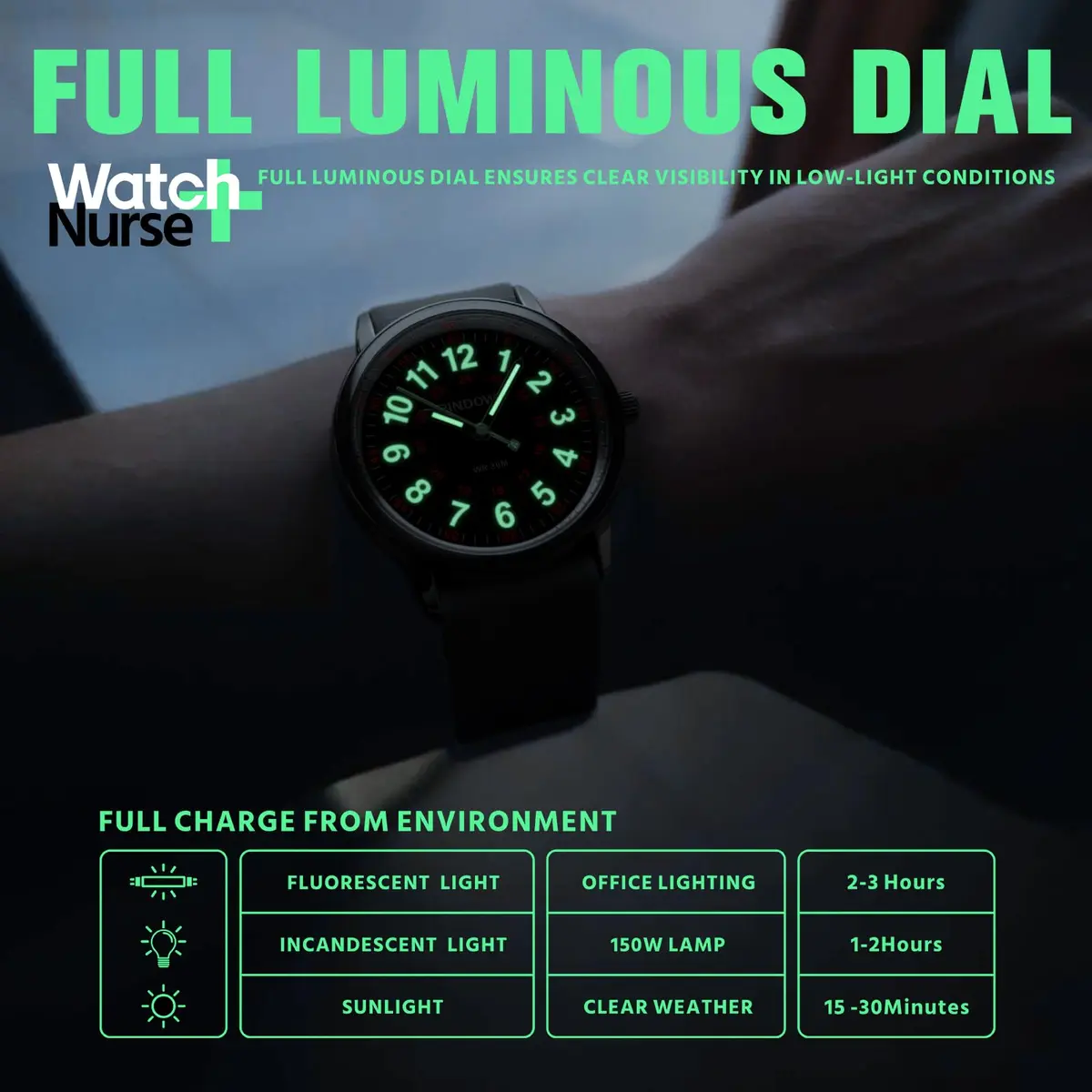 PINDOWS Women's Nurse Watch 34mm Green Silicone | Luminous Dial, 12/24 Hour Display - view 4