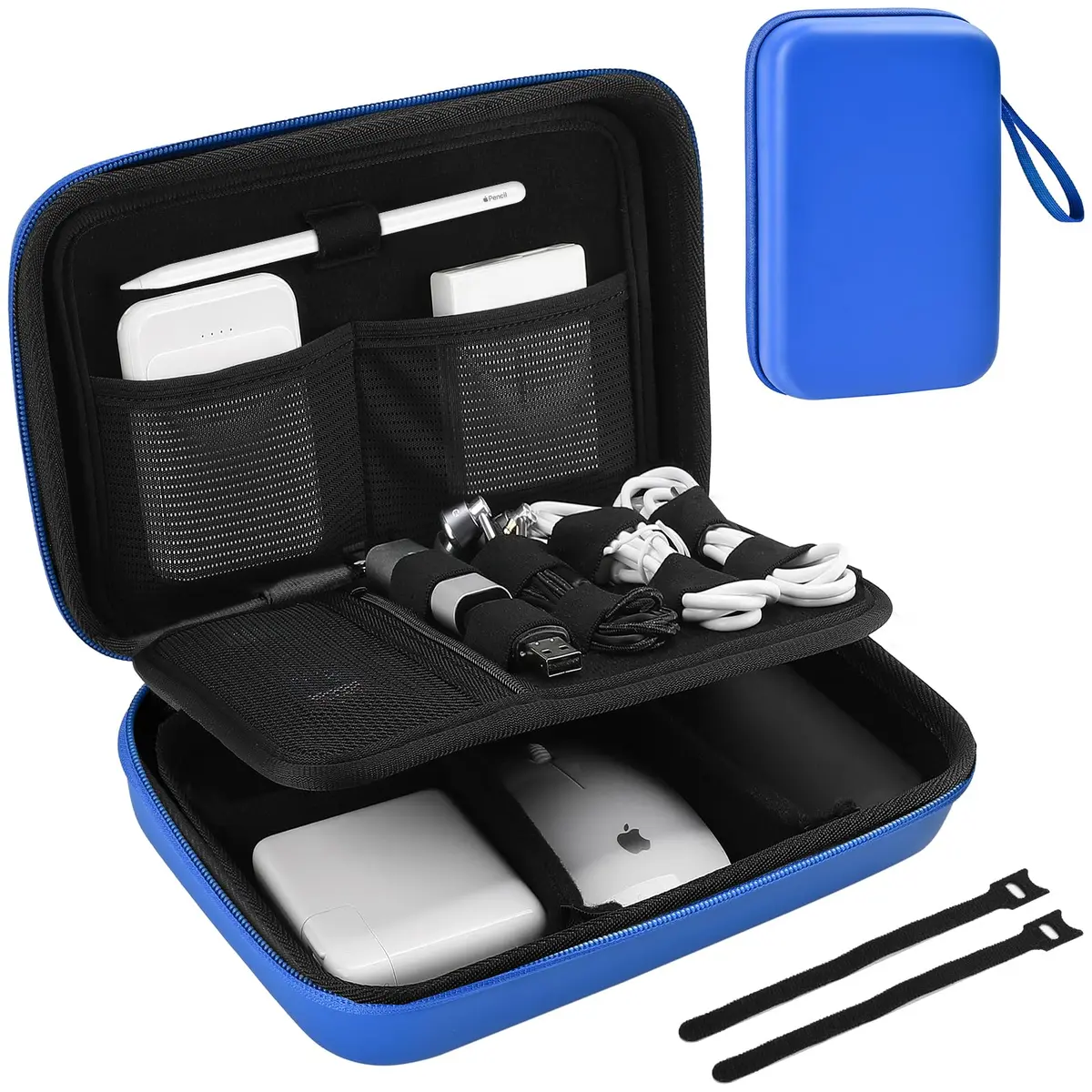 ProCase Hard Travel Electronic Organizer Case for MacBook Power Adapter Chargers Cables Power Bank Apple Magic Mouse Apple Pencil USB Flash Disk SD Card Large Blue - main product image