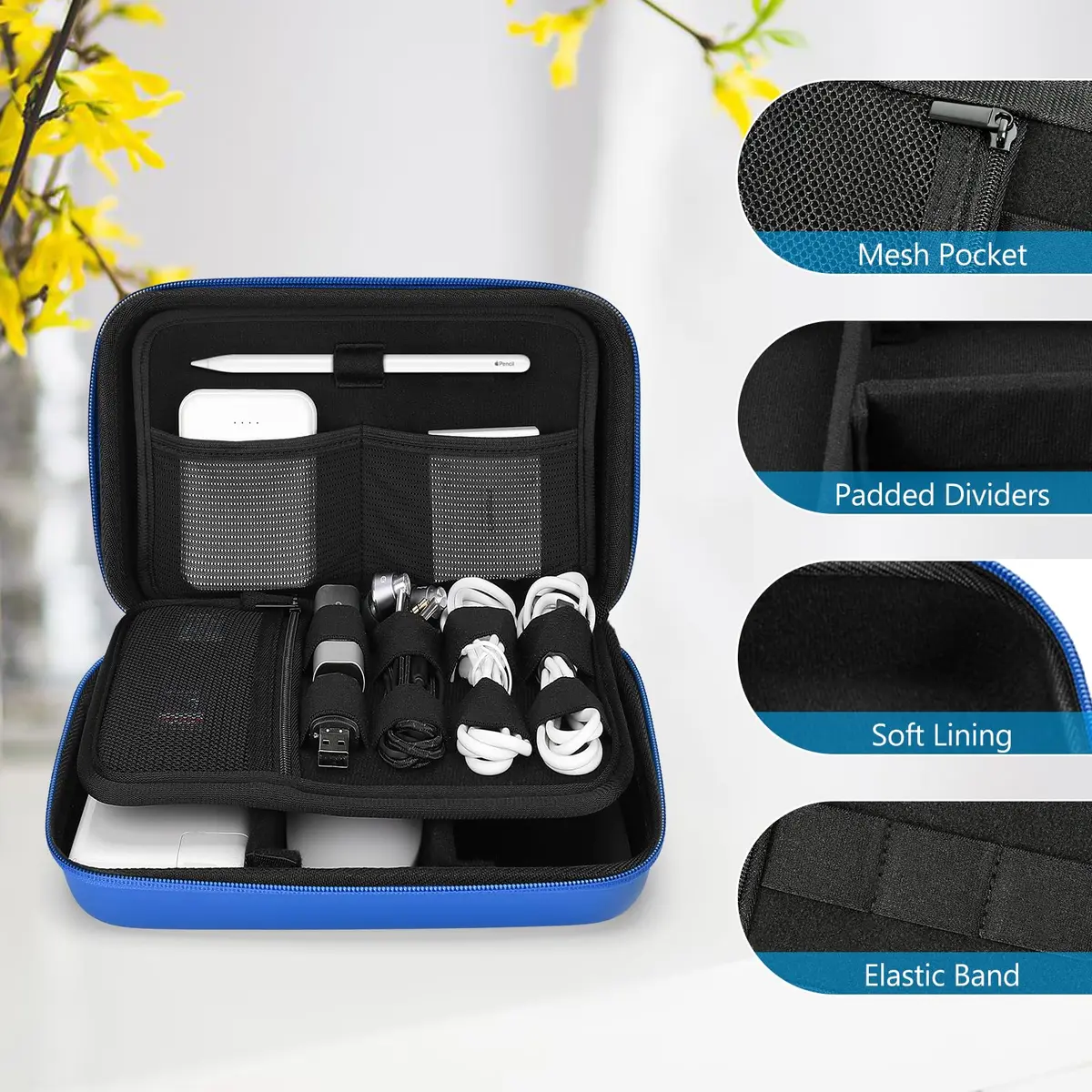 ProCase Hard Travel Electronic Organizer Case for MacBook Power Adapter Chargers Cables Power Bank Apple Magic Mouse Apple Pencil USB Flash Disk SD Card Large Blue - view 5