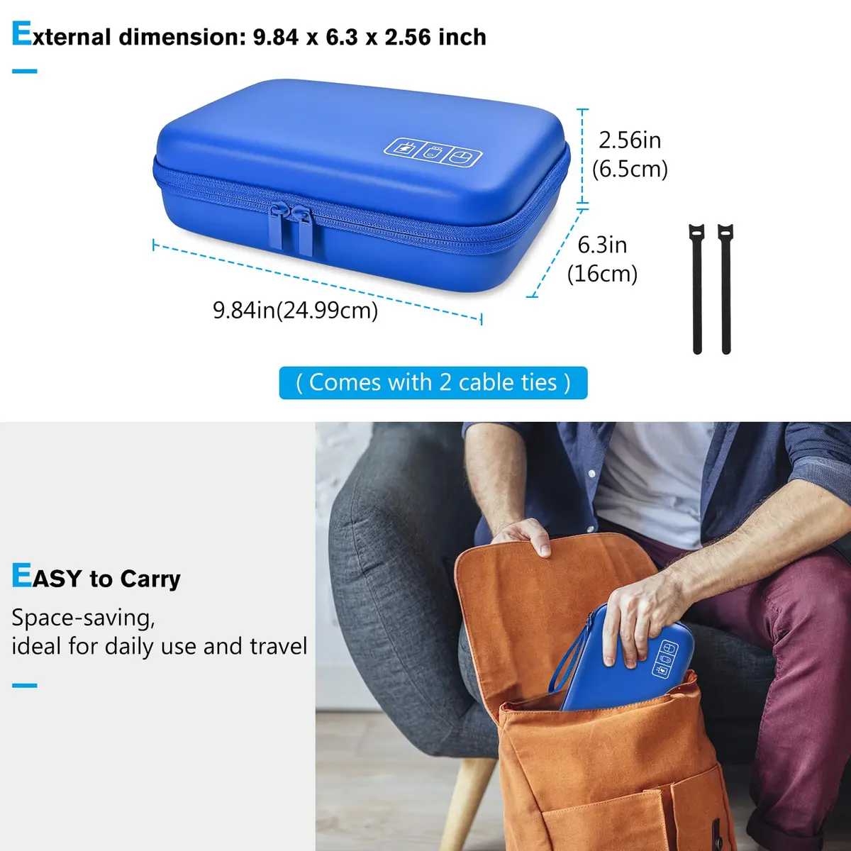 ProCase Hard Travel Electronic Organizer Case for MacBook Power Adapter Chargers Cables Power Bank Apple Magic Mouse Apple Pencil USB Flash Disk SD Card Large Blue - view 6