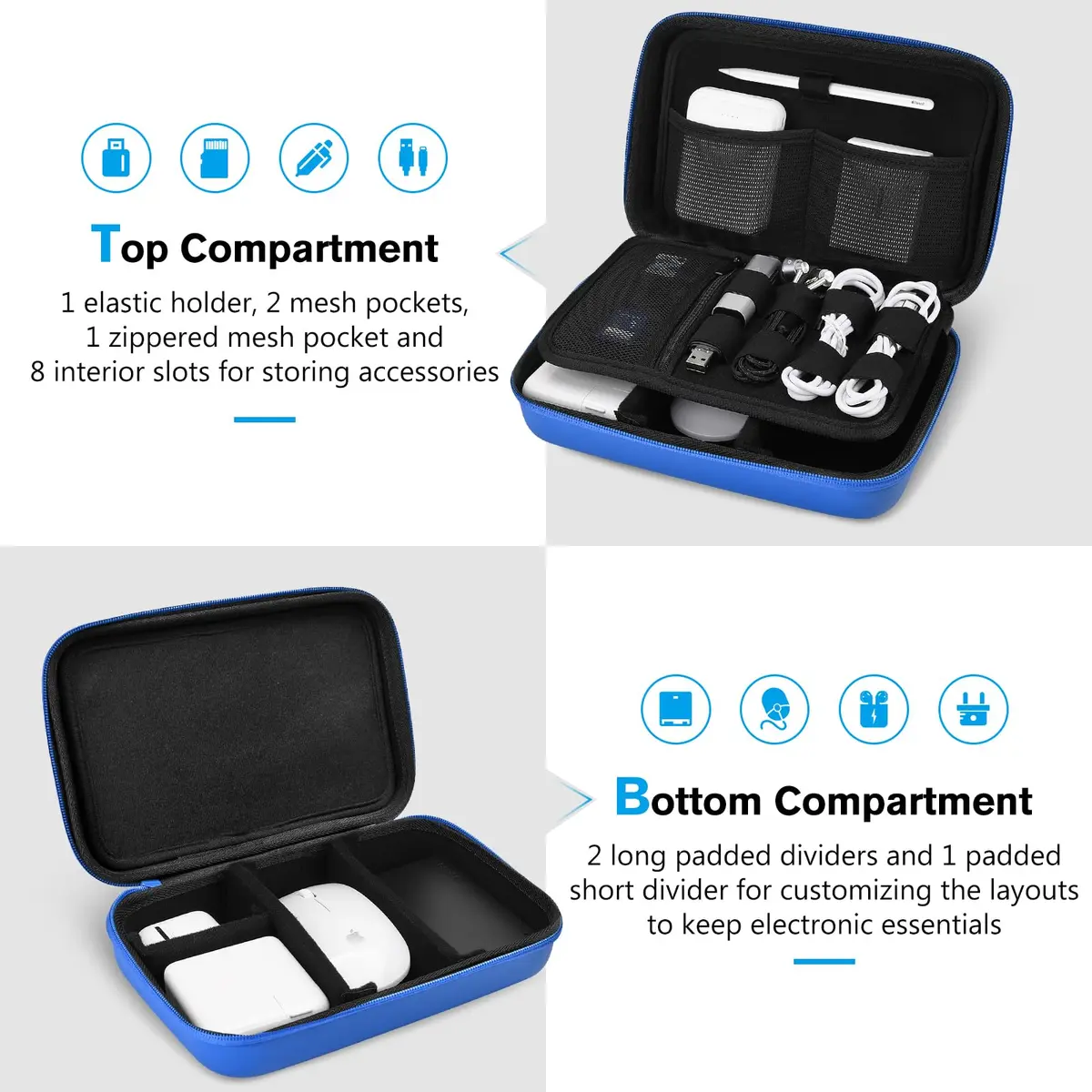 ProCase Hard Travel Electronic Organizer Case for MacBook Power Adapter Chargers Cables Power Bank Apple Magic Mouse Apple Pencil USB Flash Disk SD Card Large Blue - view 3