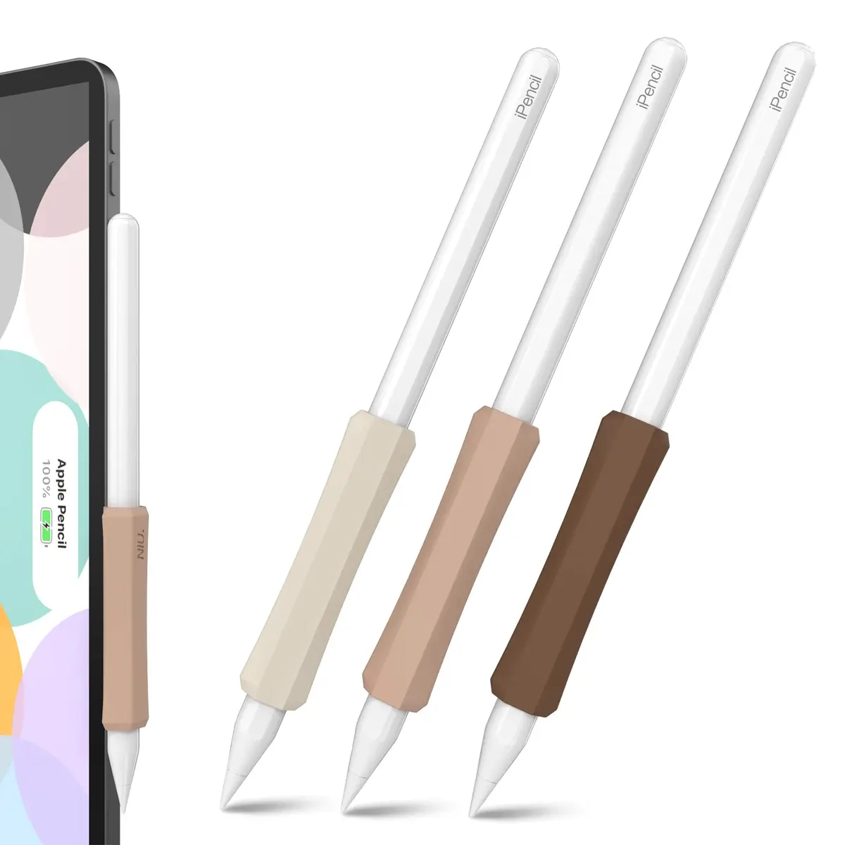 NIUTRENDZ Silicone Grip for Apple Pencil 2nd Gen & USB-C, 3 Pack Ergonomic Protective Sleeve | Beige + Khaki + Brown - main product image