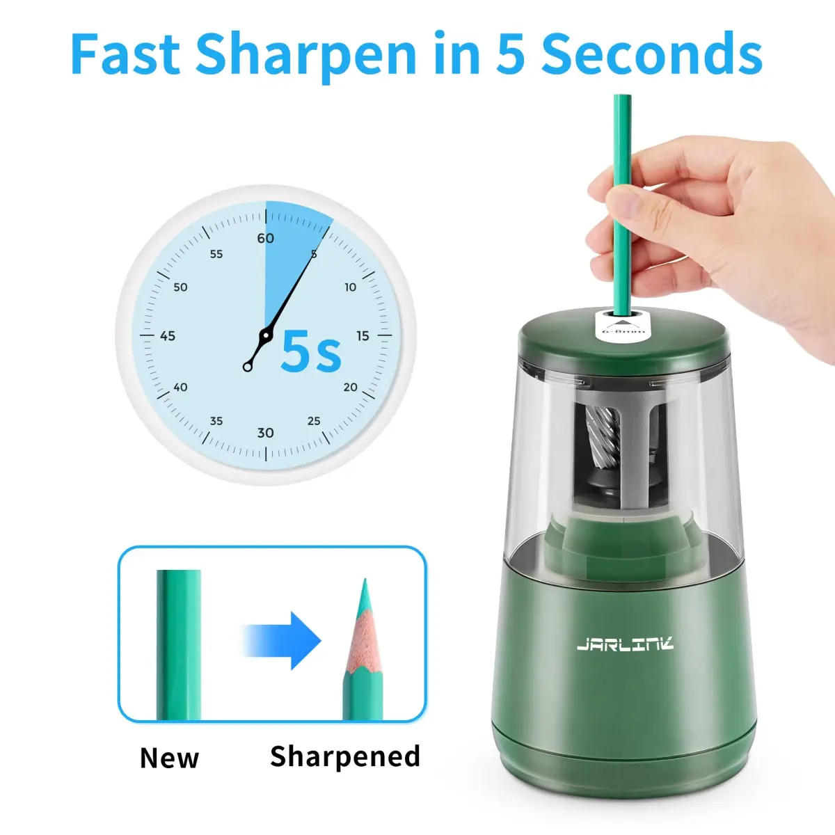 JARLINK Electric Pencil Sharpener Green, 8mm (0.31 inch) | Auto Stop & Heavy Duty Helical Blade - view 2