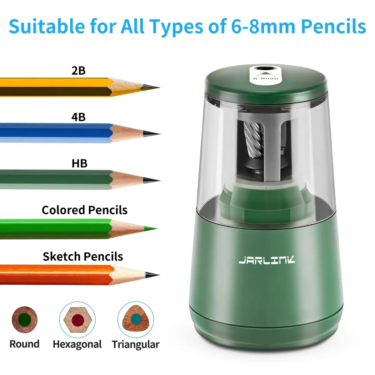 JARLINK Electric Pencil Sharpener Green, 8mm (0.31 inch) | Auto Stop & Heavy Duty Helical Blade - view 4