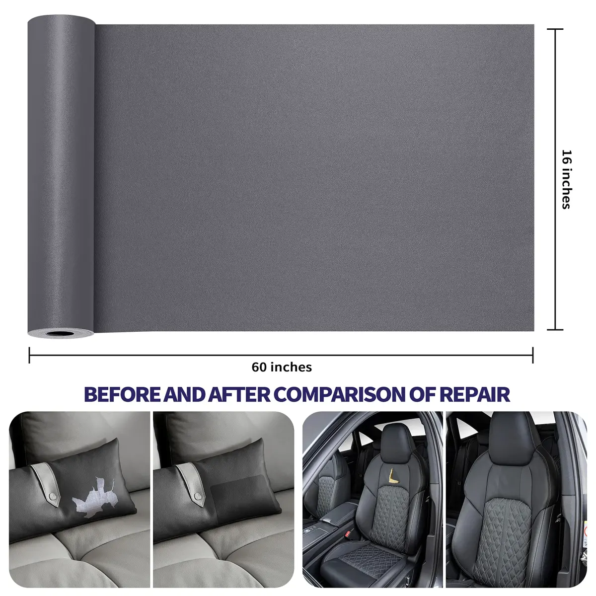 Besezx Leather Repair Patch Tape Kit 60in x 16in (152cm x 40cm) | Self-Adhesive, Waterproof, Classic Gray - view 3