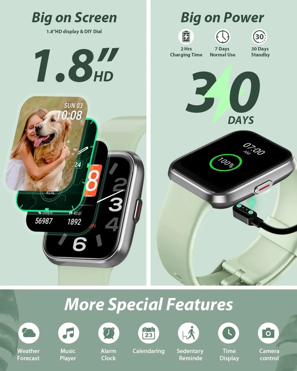 Tensky Smart Watch for Men Women 1.8" Touch Screen Fitness Tracker Heart Rate Sleep Monitoring 100 Sports Waterproof - view 6