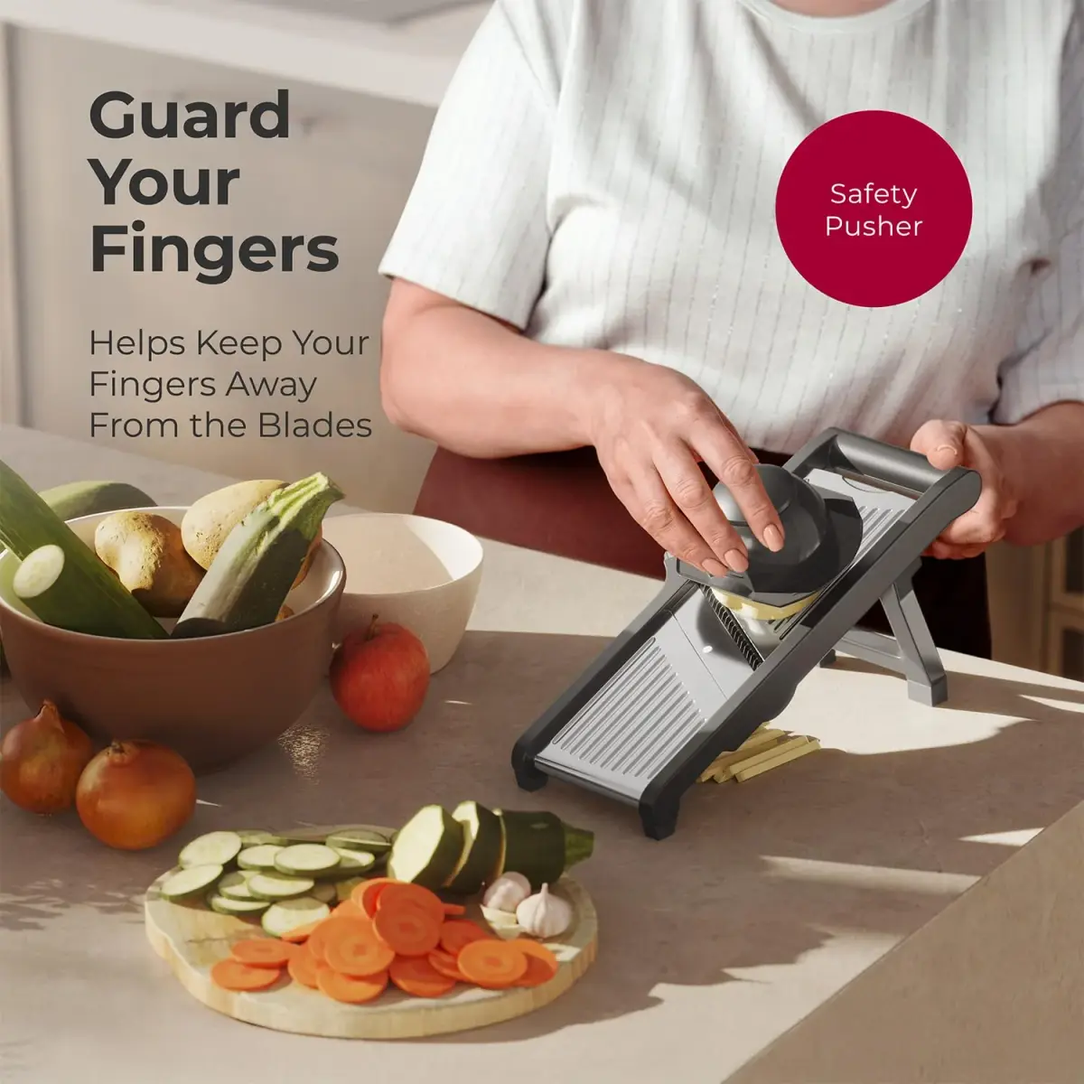 MuellerLiving Mandoline Slicer Stainless Steel | Adjustable Slice & Julienne, 1.0-9.0mm Thickness | 15.94" L x 6.89" W - view 5