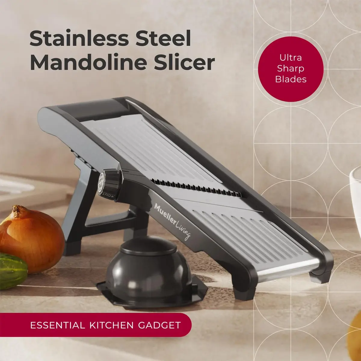 MuellerLiving Mandoline Slicer Stainless Steel | Adjustable Slice & Julienne, 1.0-9.0mm Thickness | 15.94" L x 6.89" W - view 2