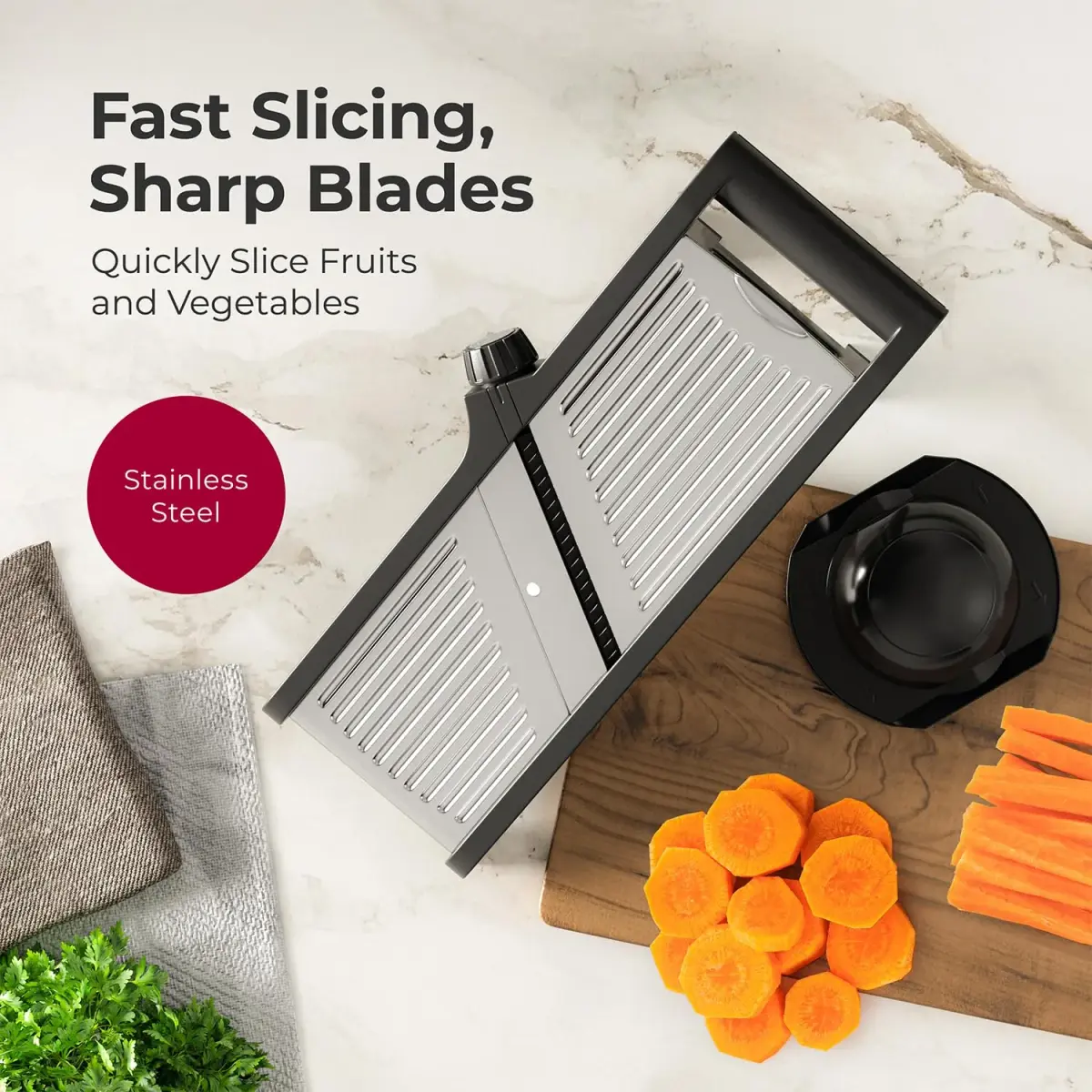 MuellerLiving Mandoline Slicer Stainless Steel | Adjustable Slice & Julienne, 1.0-9.0mm Thickness | 15.94" L x 6.89" W - view 3